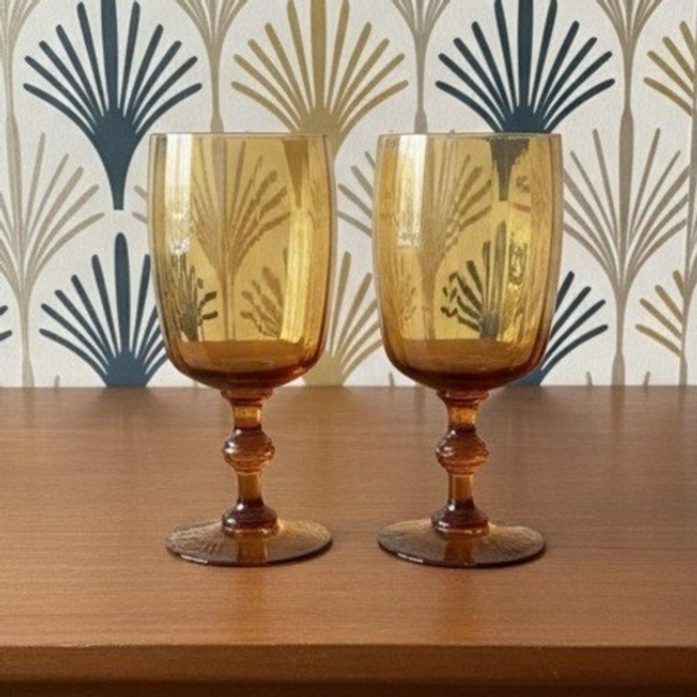 Amber Ribbed Optic Wine Glasses, Set of 2, Vtg Stemware, Replacement Drinkware